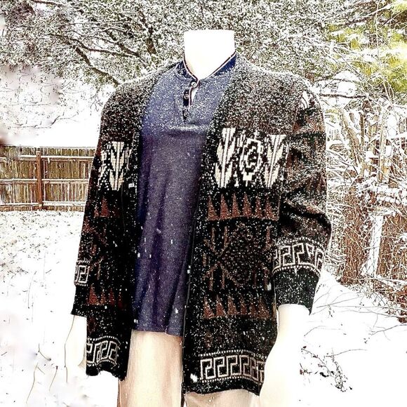 Men’s Vintage Black Brown and Tan Geometric zip up cardigan sweater Size M / L